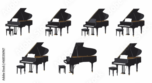 Elegant Grand Piano Vector Illustrations Collection with Stools and Music Sheets, Perfect for Classical Music and Concert Themes