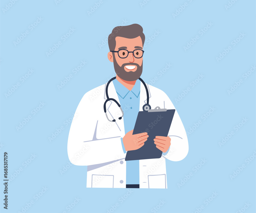 Fototapeta premium Friendly male doctor with a stethoscope and clipboard, representing professional healthcare services and medical consultation concept