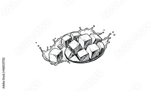 Illustrated ice cubes splashed in water circular design artwork. Vector retro hand drawn illustration