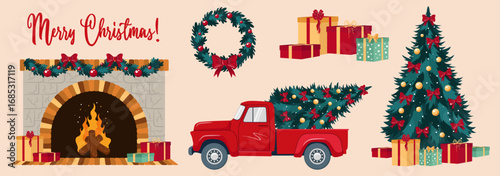 Christmas and New Year illustration set. Christmas tree, Christmas Red Truck, fireplace, holiday wreath, gift box. Vector.