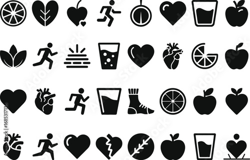 Icons Heart Health Fitness and Nutrition Symbols