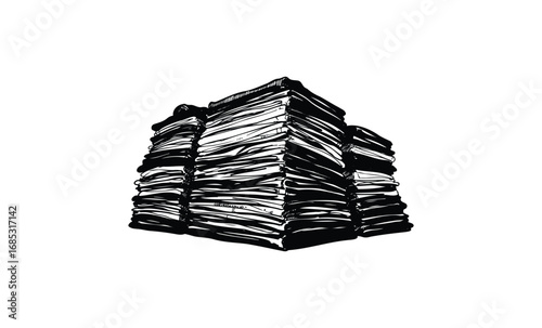 Illustration of stacked newspapers in black and white. Vector retro hand drawn illustration