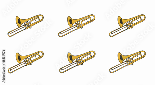 Pattern of six yellow cartoon trombones on a clean white background, perfect for musical themes or playful design elements.