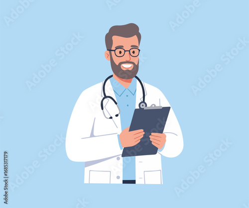 Friendly male doctor with a stethoscope and clipboard, representing professional healthcare services and medical consultation concept