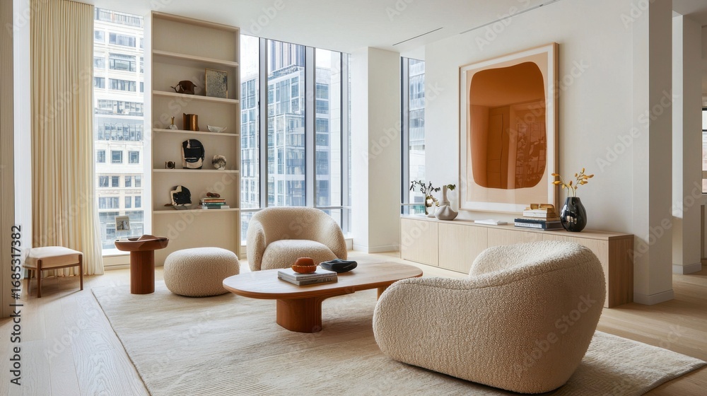 Fototapeta premium Modern Cozy Living Room with Neutral Tones and Elegant Décor