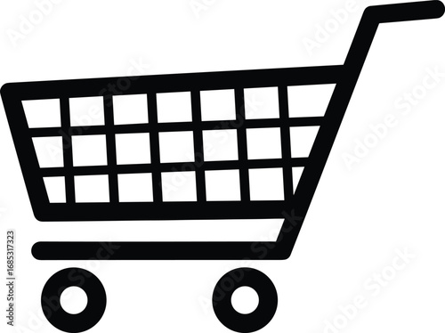 Shopping cart icon silhouette, e-commerce symbol vector, retail basket graphic, online store interface, black and white design, consumer purchase element, checkout icon