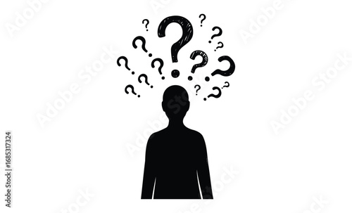 Silhouette of person with question marks illustrating confusion and uncertainty. Vector retro hand drawn illustration