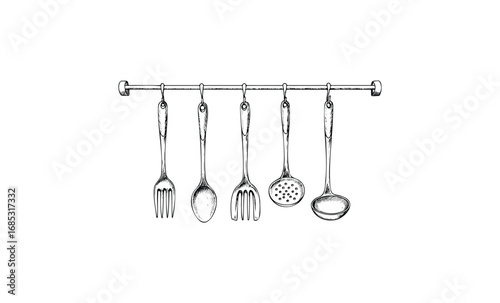 Elegant hanging kitchen utensils display of forks, spoons, and ladles in black and white art. Vector retro hand drawn illustration