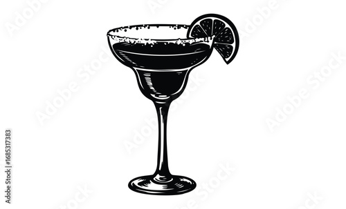 Black and white margarita glass with lime slice vintage cocktail drawing. Vector retro hand drawn illustration