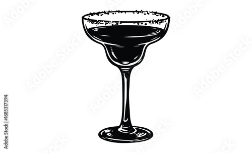 Black and white margarita glass with salted rim illustration. Vector retro hand drawn illustration