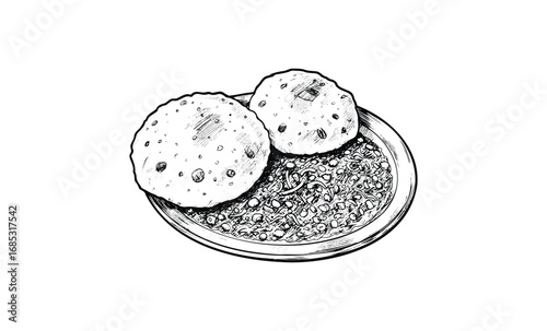 Black and white sketch of indian dish with puri and curry on plate. Vector retro hand drawn illustration