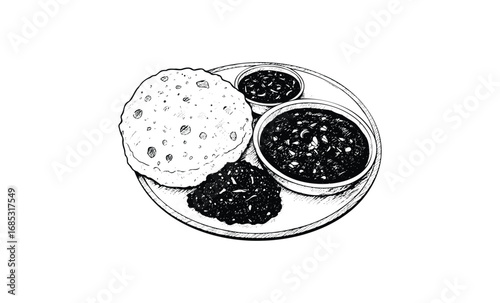 Hand-drawn indian cuisine featuring chapati and lentil dishes on plate. Vector retro hand drawn illustration