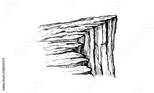 Hand-drawn rocky cliff illustration with detailed striations. Vector retro hand drawn illustration