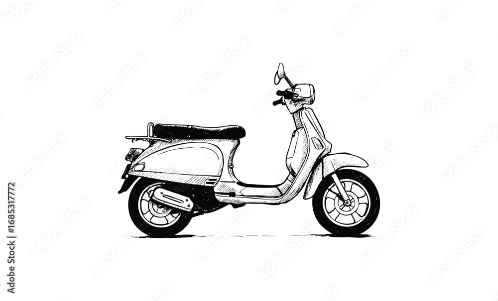 Fototapeta premium Vintage scooter sketch with detailed black and white line art. Vector retro hand drawn illustration