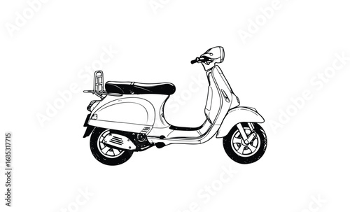 Black and white illustration of classic scooter side view. Vector retro hand drawn illustration