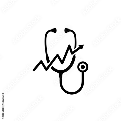 Black silhouette logo of a stethoscope with an upward trending graph symbolizing healthcare growth and success