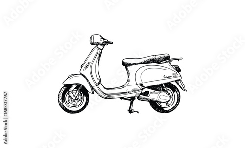 Detailed black and white sketch of vintage italian scooter side view. Vector retro hand drawn illustration