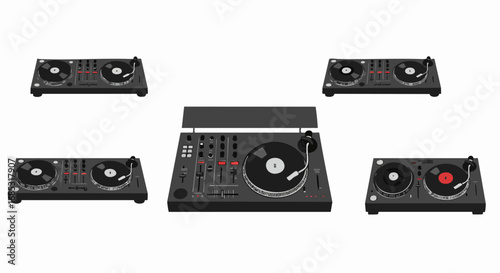 A collection of isolated DJ turntables and mixing equipment on a white background, ready for music production and performance.