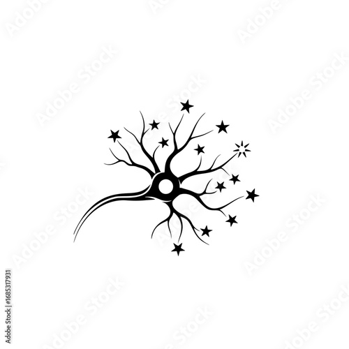 Neuron Black Silhouette Logo Design with Stars, Scientific and Minimalist Graphic
