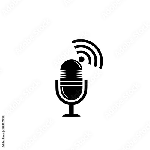 Black silhouette of a microphone broadcasting a signal, representing audio, broadcasting, and communication logo
