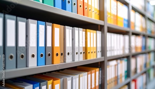 Organized shelve filled with colorful medical chart and binder, representing healthcare documentation, patient record, data management, and hospital administration.