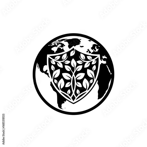 A black silhouette logo symbolizing global environmental protection, featuring a shield with a leaf and tree design over the planet Earth icon