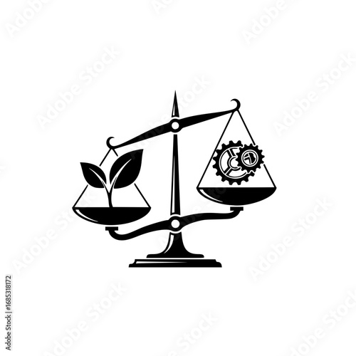 A striking black silhouette logo illustrating the delicate balance between natural environment and industrial progress, symbolizing sustainable development and ecological harmony