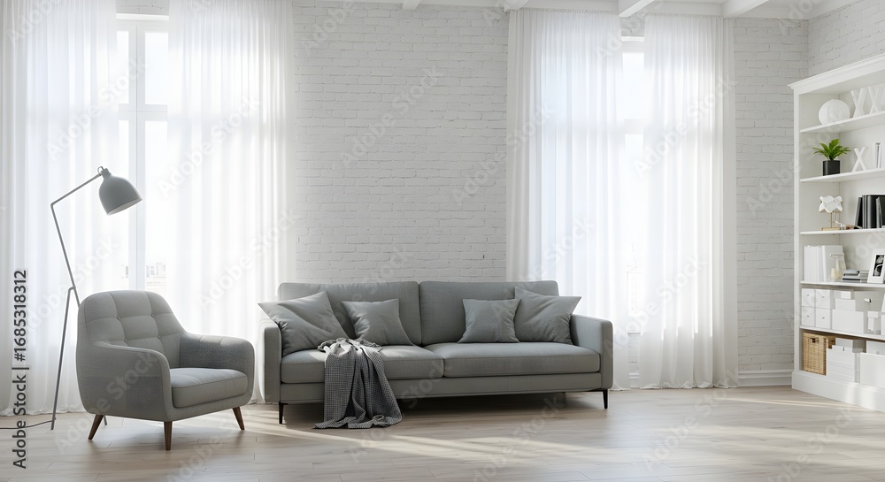 Fototapeta premium Modern Living Room Interior with Gray Sofa and Armchair