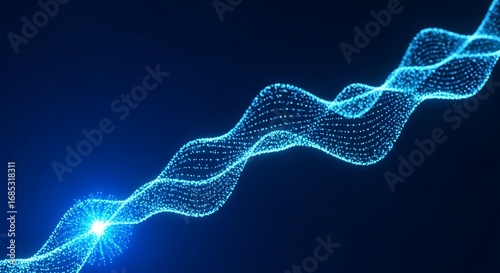 Abstract blue wave of light particles on dark background