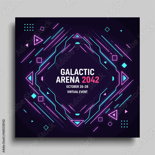 This striking square graphic features glowing neon lines and geometric patterns, announcing a virtual event titled 'Galactic Arena 2042' set in October.