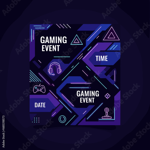Stylish abstract gaming event design template with dynamic geometric lines, vibrant purple and blue hues, and iconic gamer symbols for digital promotion.
