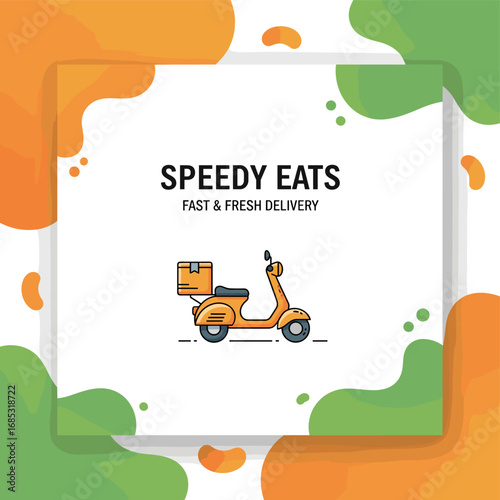 This vibrant graphic showcases a speedy food delivery service logo featuring a modern orange scooter, emphasizing quick and fresh meal transport for urban customers.