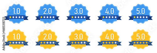 Set of blue and yellow star rating badges set from 1 to 5 rating labels. Star rating badges with ribbon in flat design. Review score icons for feedback and ranking. Vector illustration.