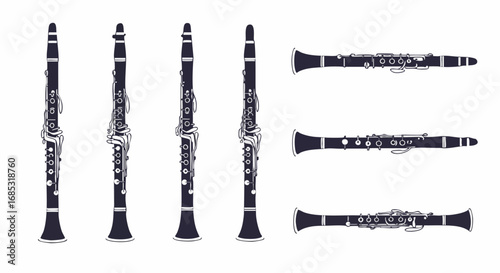 Stylized Clarinet Illustrations Set: Vertical and Horizontal Woodwind Musical Instruments in Flat Vector Design on White Background.