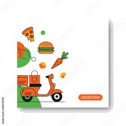 A stylish illustration depicts a scooter ready for fast food delivery, showcasing the convenience of online ordering for various delicious meals.