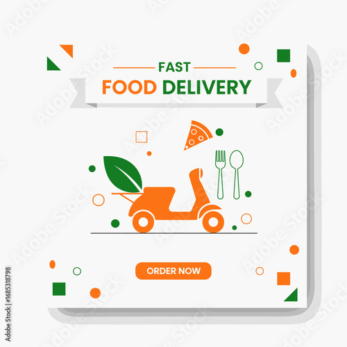 A modern, eye-catching illustration showcases a fast food delivery service with an orange scooter, pizza, and cutlery, ideal for online ordering apps.