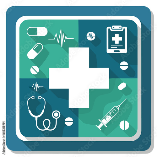 A clean, modern flat design icon in teal and green, featuring a prominent white cross surrounded by essential healthcare symbols, representing medical care.
