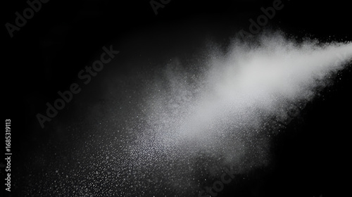 Fine white powder spraying dynamically from right to left against a black background creating a cloud of dispersed particles full of energy and motion