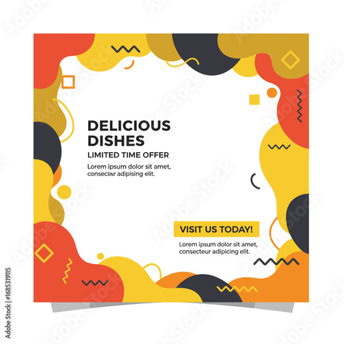 Modern social media post template featuring a vibrant abstract frame and text for delicious food offers, ideal for digital marketing and online promotions.
