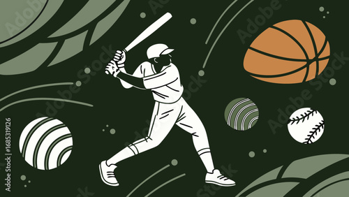 Sports illustration featuring baseball basketball and cricket player in action pose