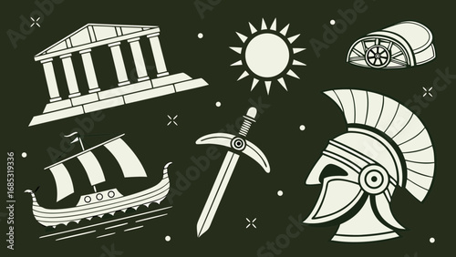 Ancient greece history illustration with spartan helmet temple and greek ship vector art