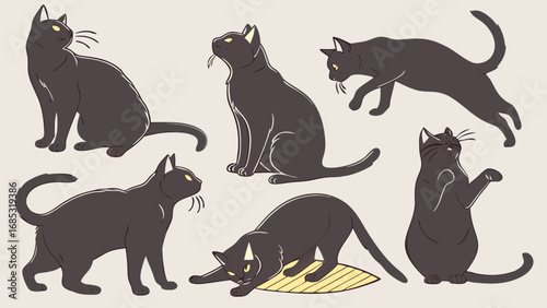 Black cat vector art illustration set of cute cats in different poses for halloween decor