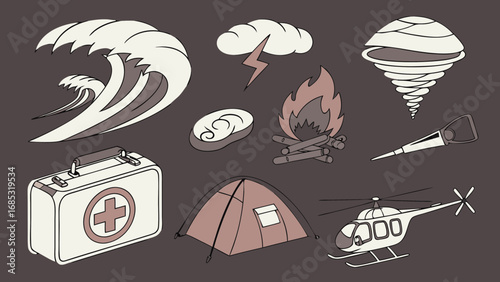 Emergency preparedness disaster kit with survival gear and natural disaster elements