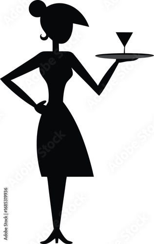 Black silhouette of a female waiter holding a tray with a cocktail glass