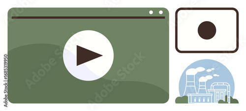 Video player screen with play icon, recording indicator, and industrial factory illustration with chimneys and smoke. Ideal for media, technology, environment, industry, energy, sustainability