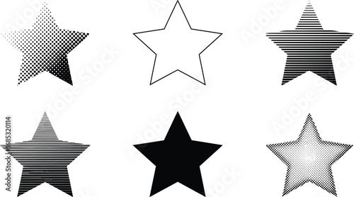 Star shape fill pattern set, graphic design variation icons, halftone and line textures, black and white vector, decorative symbol pack, abstract elements