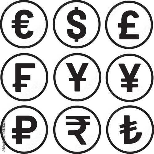 Thin line icon set for currency money euro dollar pound franc yen ruble rupee lira finance economy banking exchange trading investment. Pixel perfect icons editable stroke.