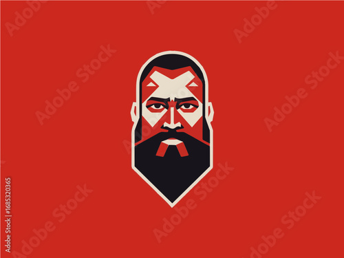 Stylish bearded man's face with bold design on a vibrant red background, striking portrait