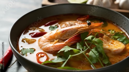 Delicious spicy tom yum goong soup in a bowl for a hot lunch