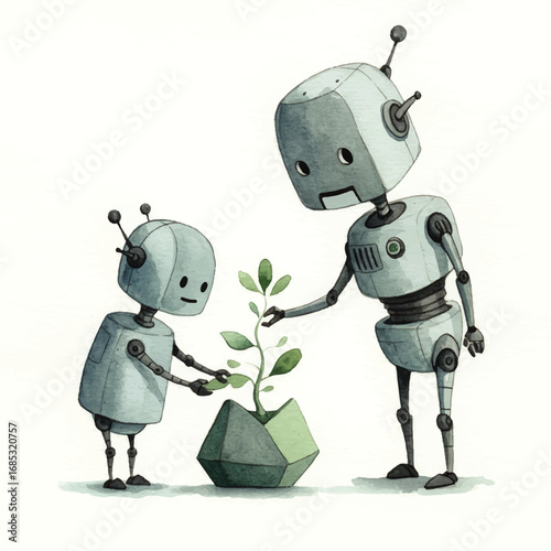 Adorable watercolor robots nurture a growing plant, symbolizing future growth and eco-friendly innovation.